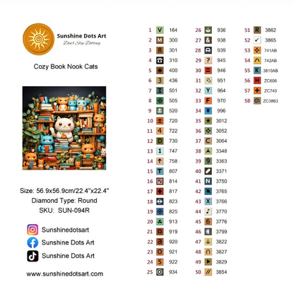 Cozy Book Nook Cats (FD+AB) 50×50cm 🔘🔲 | Diamond Painting Kit