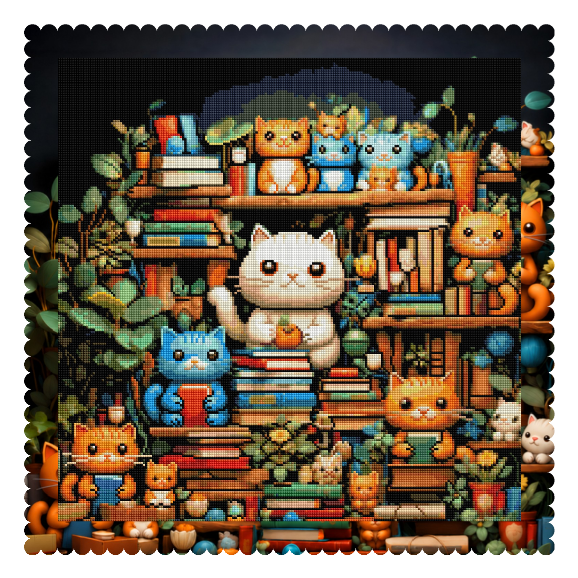 Cozy Book Nook Cats (FD+AB) 50×50cm 🔘🔲 | Diamond Painting Kit