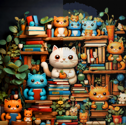 Cozy Book Nook Cats (FD+AB) 50×50cm 🔘🔲 | Diamond Painting Kit
