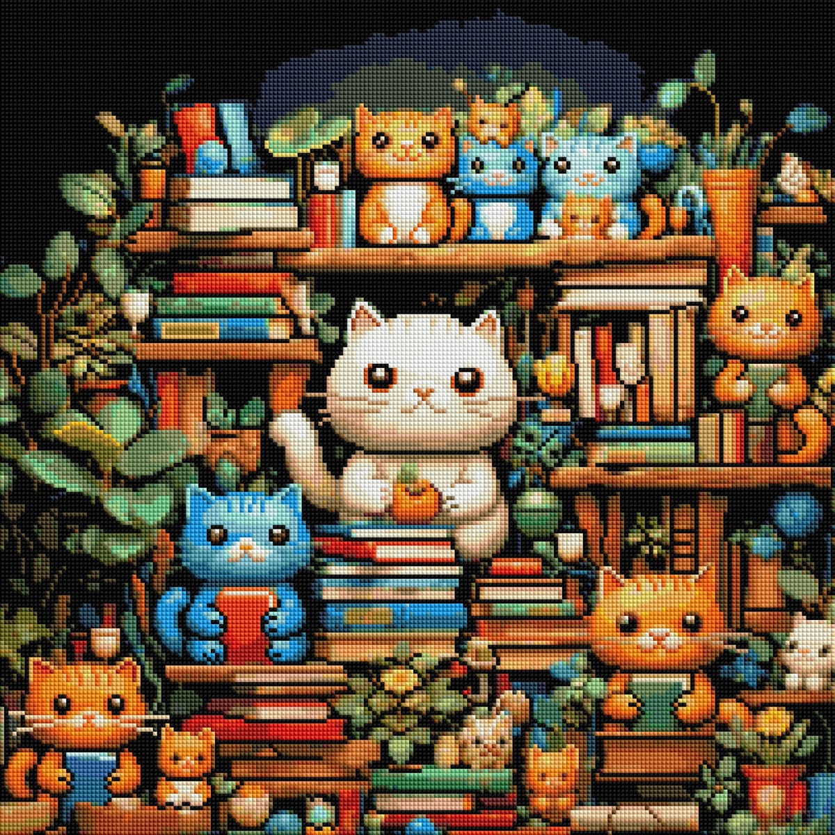 Cozy Book Nook Cats (FD+AB) 50×50cm 🔘🔲 | Diamond Painting Kit