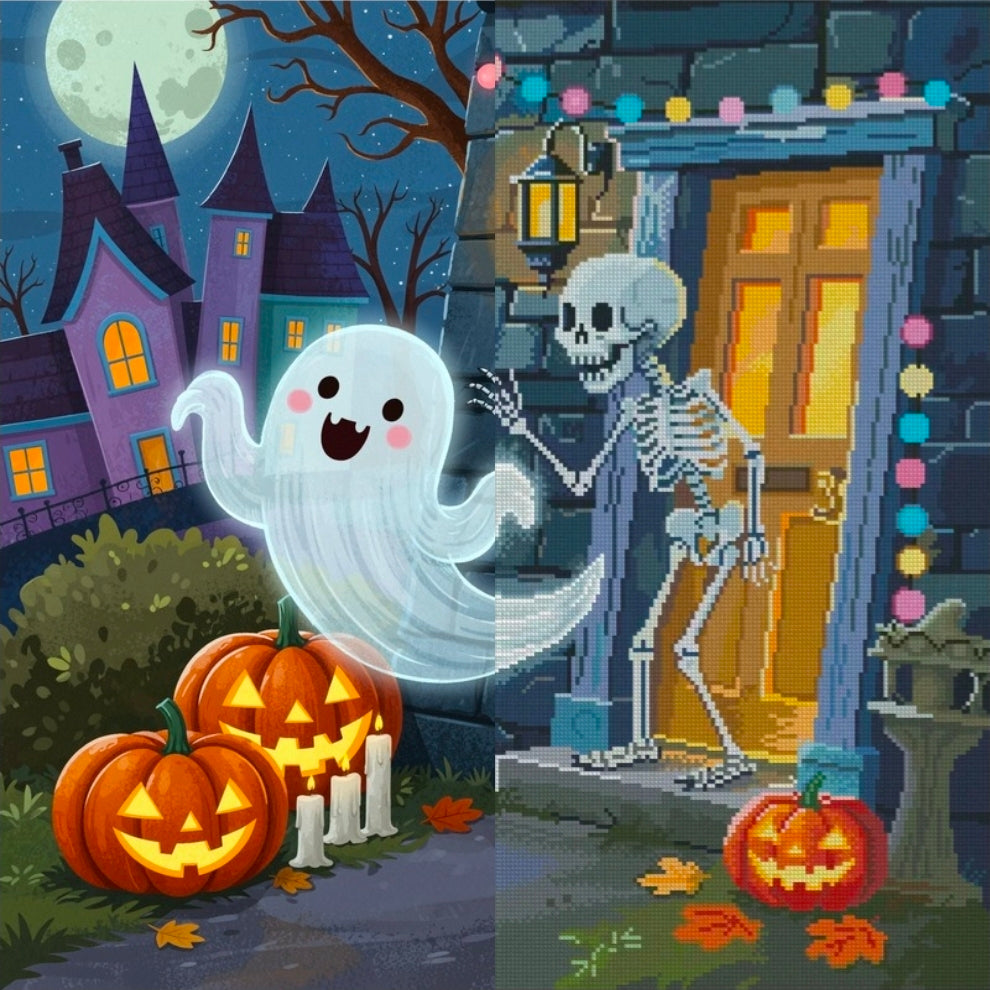 Trick-or-Treat Neighbors (FD+Metallic) 50x50cm 🔘🔲 | Diamond Painting Kit