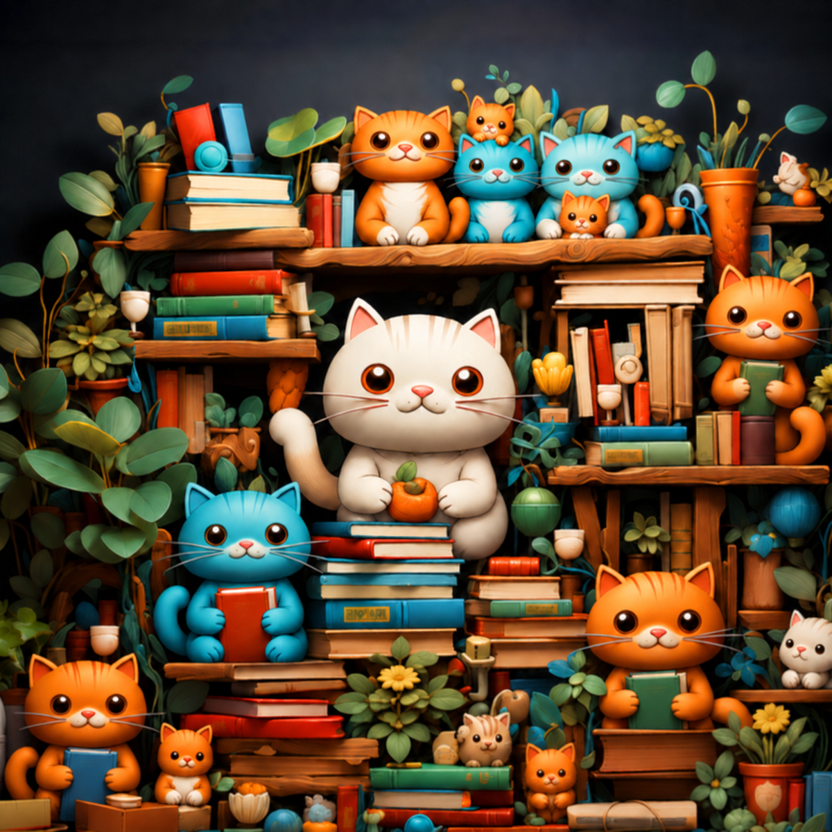Cozy Book Nook Cats (FD+AB) 50×50cm 🔘🔲 | Diamond Painting Kit