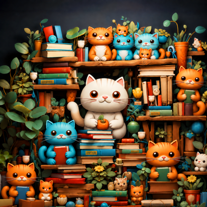 Cozy Book Nook Cats (FD+AB) 50×50cm 🔘🔲 | Diamond Painting Kit